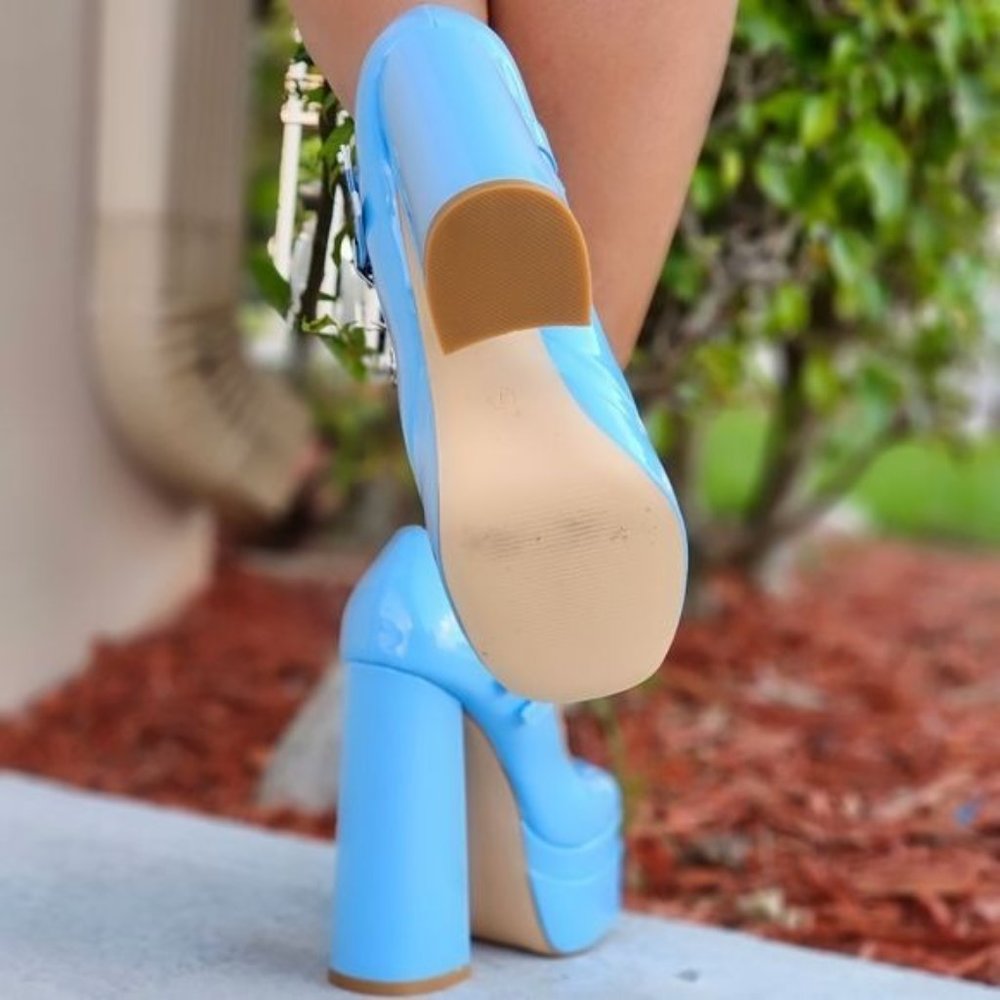 Women's Double Strap Patent Platform Pumps Blue Color - Picture 6 of 6
